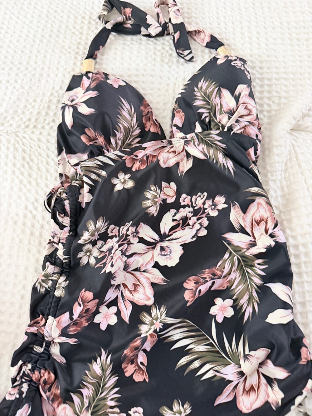 Black Floral Halter One-Piece Swimsuit — Pink & Green Tropical Print Tankini